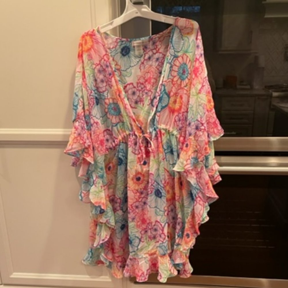 Bleu Rod Beattie Cover up, Caftan, Colorful, sheer and Floral - Large